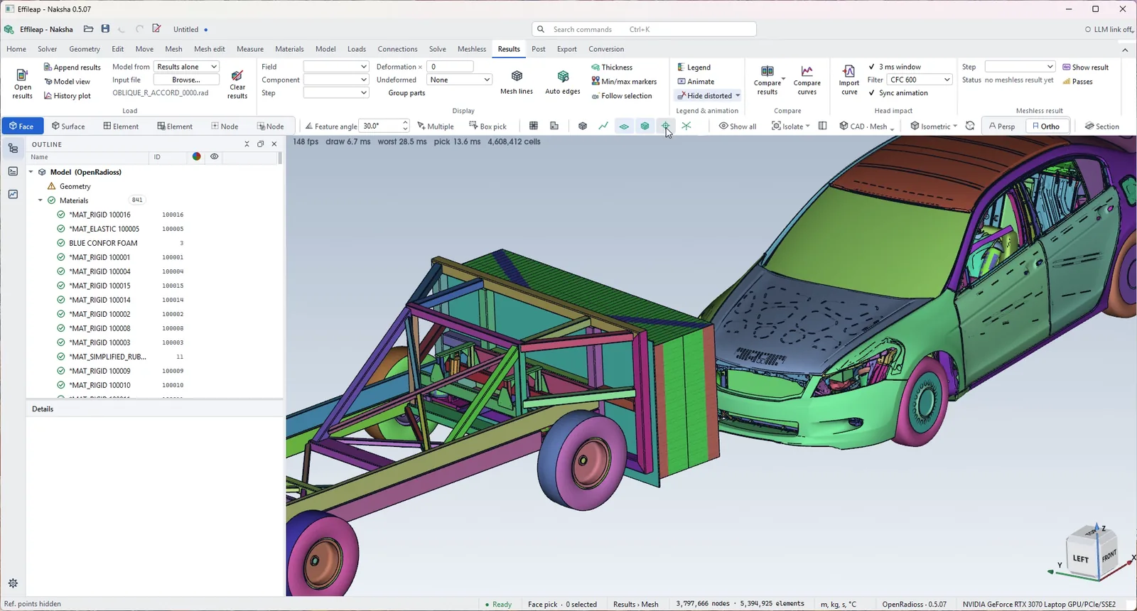 Effileap Naksha with a side-impact crash model of 5.4 million elements loaded, showing the model tree and ribbon