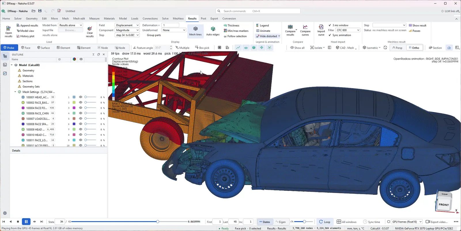 Naksha showing a displacement contour on a deformed vehicle after a side impact