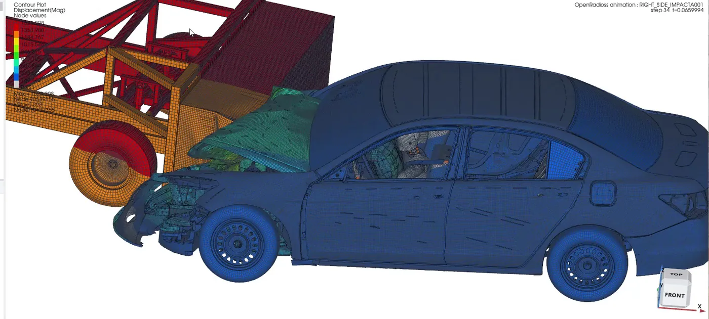 Displacement contour on a deformed vehicle and barrier after a side impact