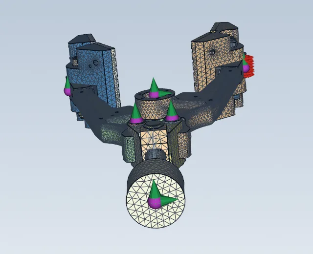 Gripper assembly with tetrahedral mesh, supports and loads