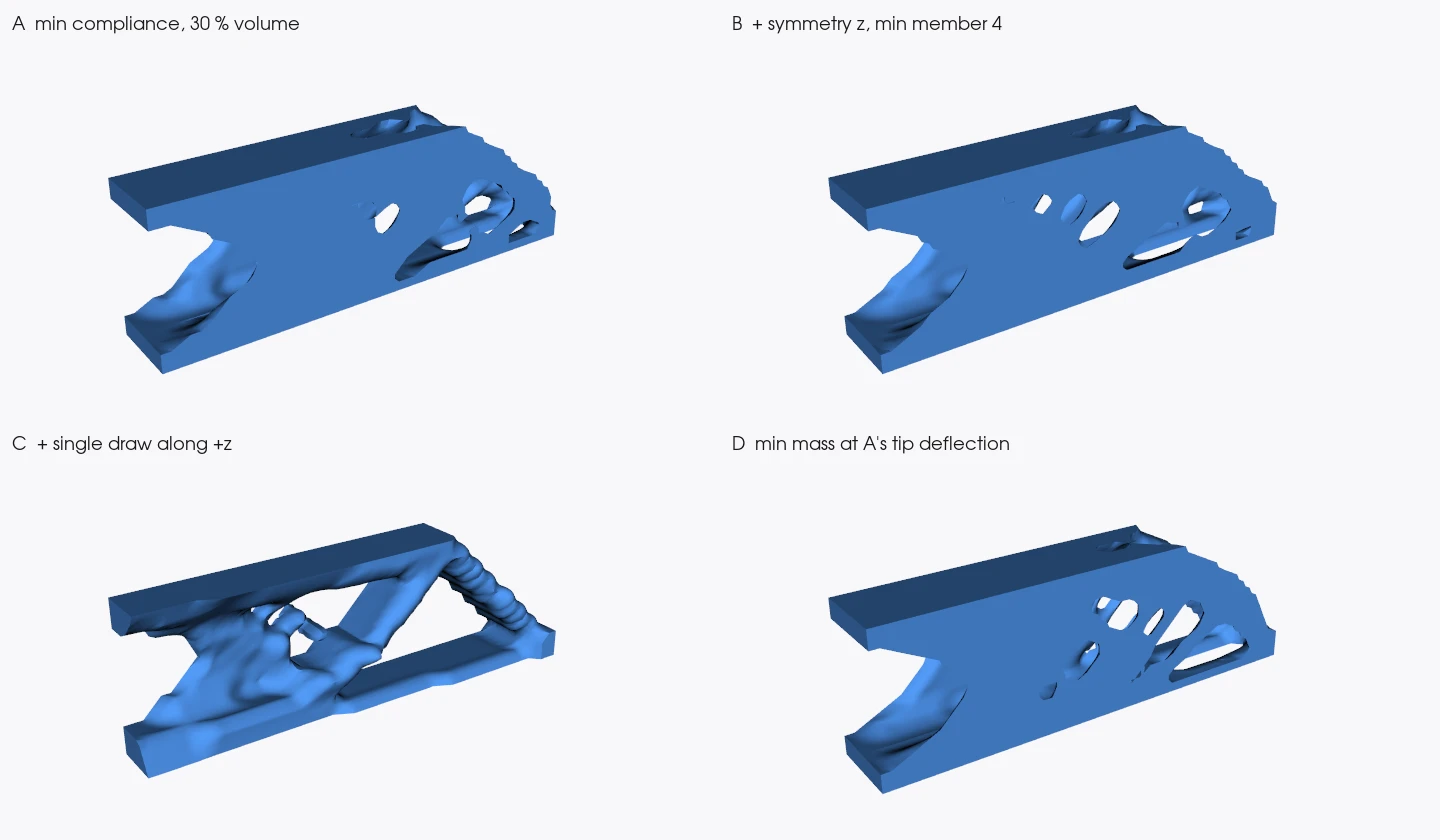 Four cantilever designs: unconstrained, with symmetry and minimum member size, with a single draw direction, and minimum mass at the same deflection