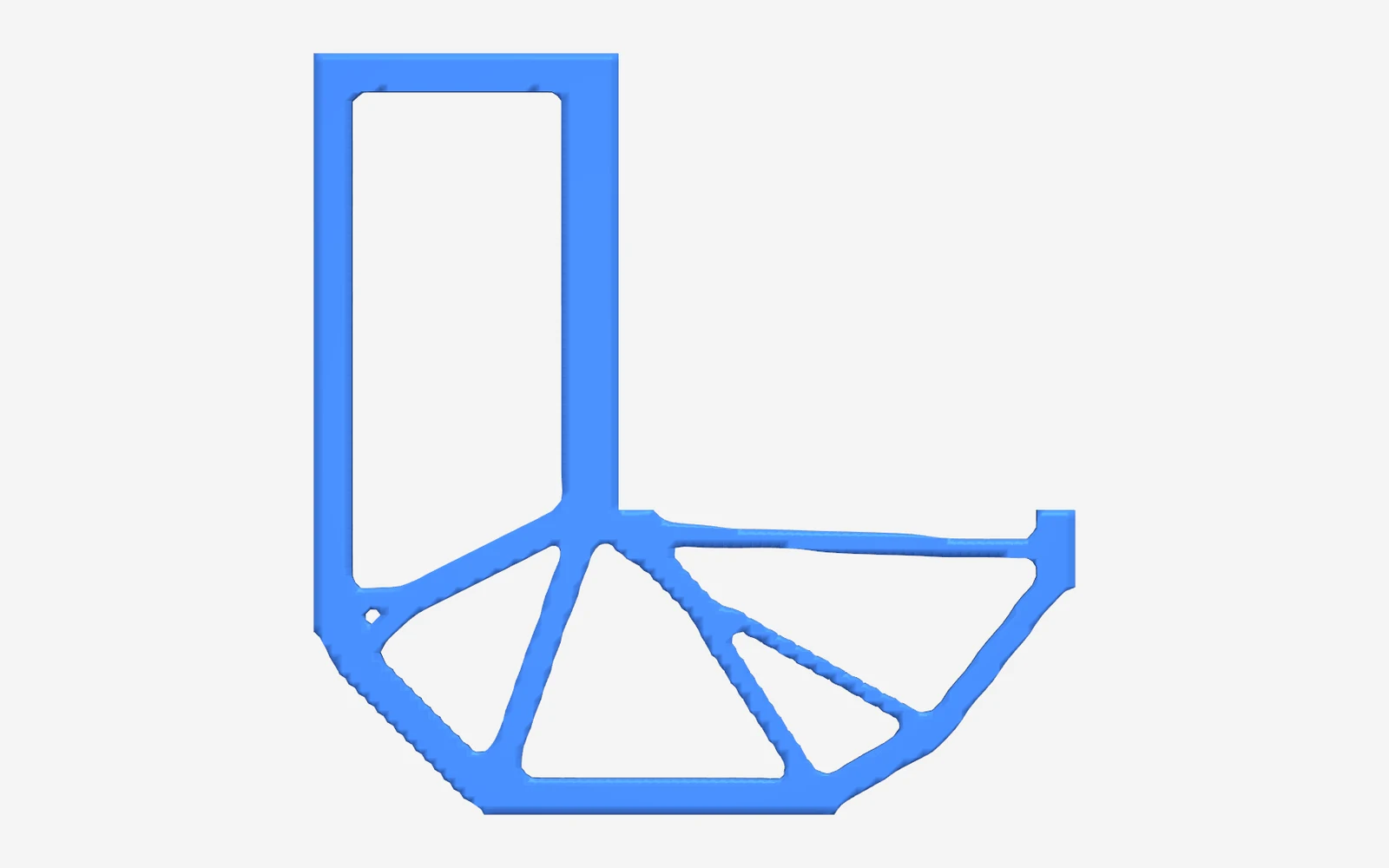 Stress-limited topology optimisation of an L-bracket: a truss of members fans out from the re-entrant corner to the load pad
